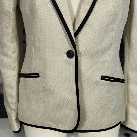 EUC Mango MNG Tan W/ Black Trim Linen Blend One Button Blazer Jacket Sz 6 - Picture 4 of 10